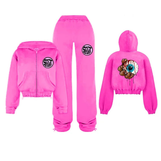 Hot pink sweatsuit with rhinestone hood